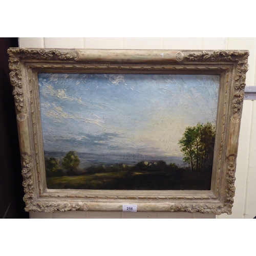 256 - In the manner of E Peel - a landscape with open fields  oil on board  bears a James Bourley & So... 