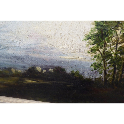 256 - In the manner of E Peel - a landscape with open fields  oil on board  bears a James Bourley & So... 