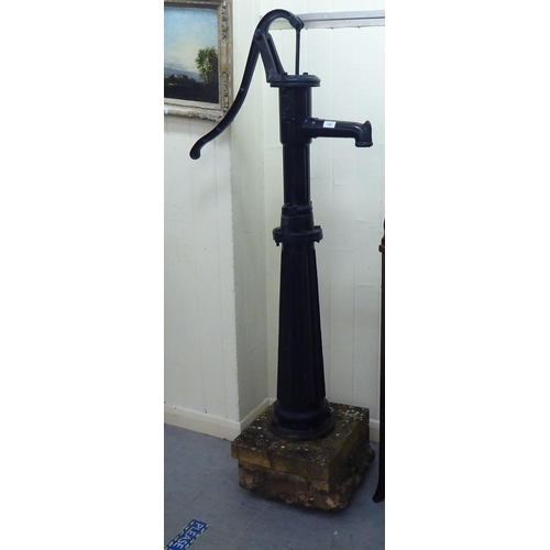 258 - A Terpo black painted cast iron water pump head, secured to a concrete plinth  65