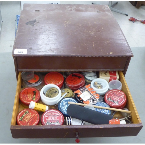 283 - Watchmaker's tools and accessories, contained in an early 20thC brown painted, five drawer chest&nbs... 