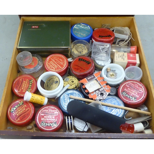 283 - Watchmaker's tools and accessories, contained in an early 20thC brown painted, five drawer chest&nbs... 