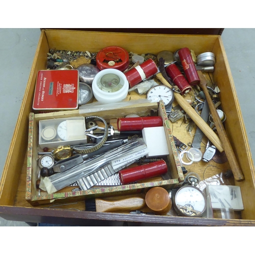 283 - Watchmaker's tools and accessories, contained in an early 20thC brown painted, five drawer chest&nbs... 