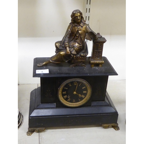 3 - A late Victorian black slate cased mantel clock, surmounted by a gilt metal figure, a scholar, raise... 