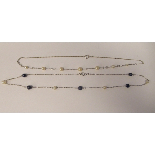 30 - Two fine white metal neckchains, one set with cultured pearls, the other cultured pearls and lapis l... 