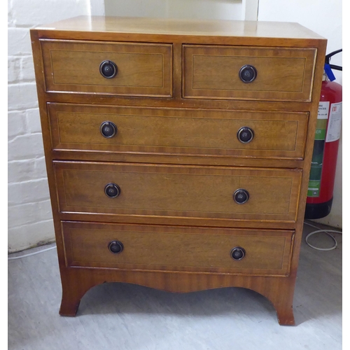 312 - A 19thC style, string inlaid and satin mahogany finished dressing chest, the two short/three graduat... 