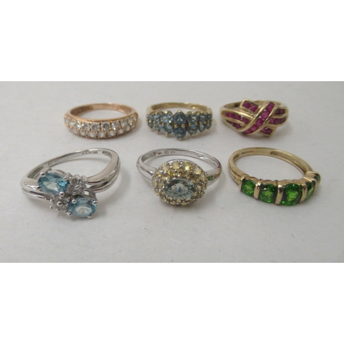 322 - Six gold, yellow metal and white metal rings, set with various coloured stones