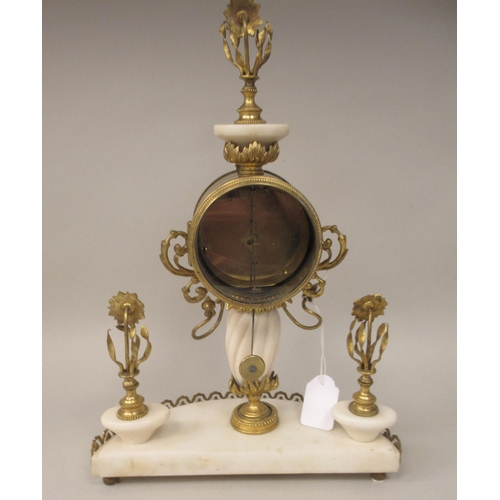 36 - A late 19thC Continental gilt metal and white alabaster pillar type mantel timepiece; the drum cased... 