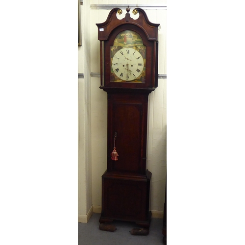 38 - An early 19thC mahogany longcase clock, having a swan neck pediment, flank pillars and an arched win... 