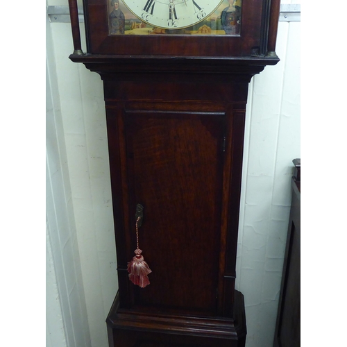 38 - An early 19thC mahogany longcase clock, having a swan neck pediment, flank pillars and an arched win... 