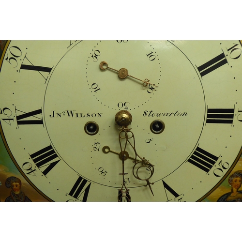 38 - An early 19thC mahogany longcase clock, having a swan neck pediment, flank pillars and an arched win... 