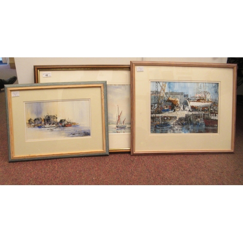 49 - Three framed Suffolk coastline scenes with shipping, two by Linda Wilson and another bears an indist... 