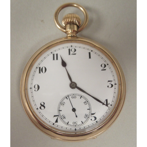 5 - A 9ct gold cased pocket watch, the keyless movement faced by a white enamel Arabic dial, incorporati... 