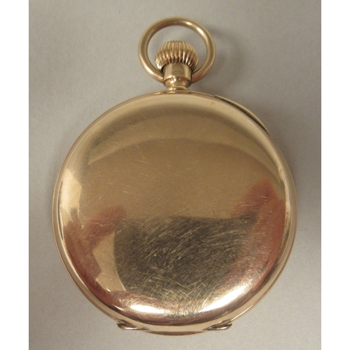 5 - A 9ct gold cased pocket watch, the keyless movement faced by a white enamel Arabic dial, incorporati... 