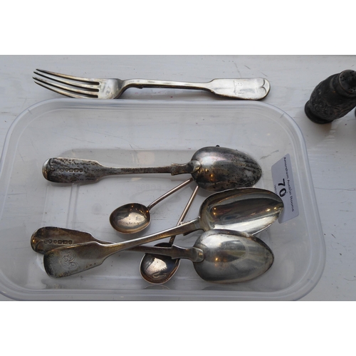 70 - Silver and white metal flatware: to include spoons and a pair of sugar nips, fashioned as a wishbone... 