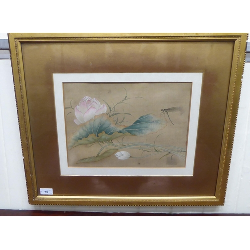 73 - 20thC Japanese School - a dragonfly amongst flora and foliage  watercolour on fabric  9