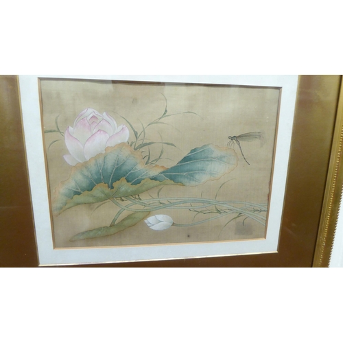 73 - 20thC Japanese School - a dragonfly amongst flora and foliage  watercolour on fabric  9