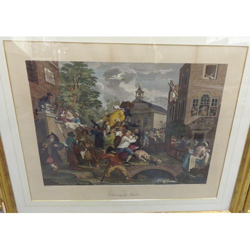 74 - Four Victorian coloured prints - period interior and chaotic street scenes  all titled  14