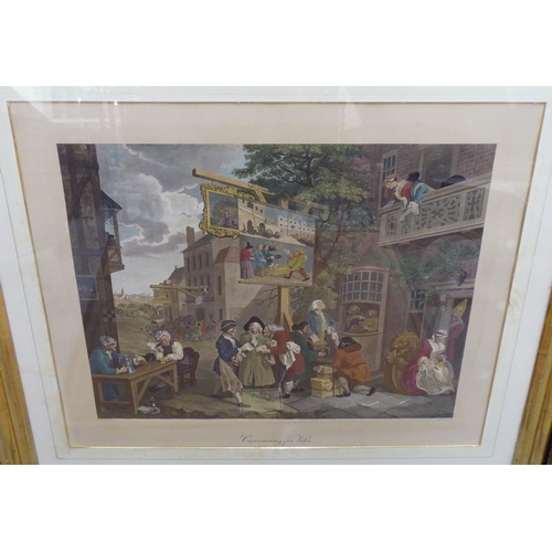 74 - Four Victorian coloured prints - period interior and chaotic street scenes  all titled  14