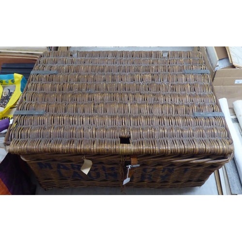 8 - An early 20thC woven cane basket, inscribed Marchmont Laundry  15