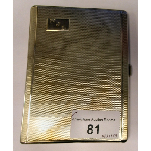 81 - A silver folding, engine turned cigarette case, on a button clasp  Birmingham 1939