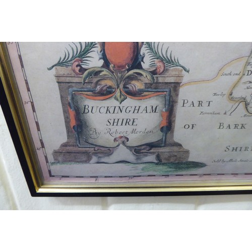 224 - A print of an 18thC style Robert Morden coloured county map 'Buckinghamshire' with a decorative pict... 