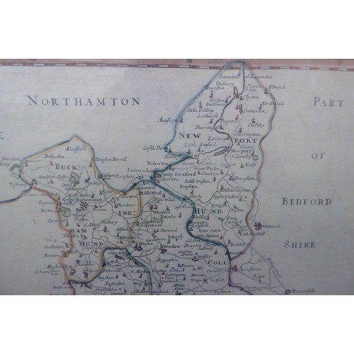 224 - A print of an 18thC style Robert Morden coloured county map 'Buckinghamshire' with a decorative pict... 