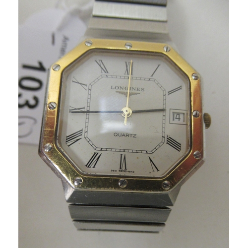 103 - A Longines stainless steel cased and strapped wristwatch, the quartz movement faced by a Roman dial ... 