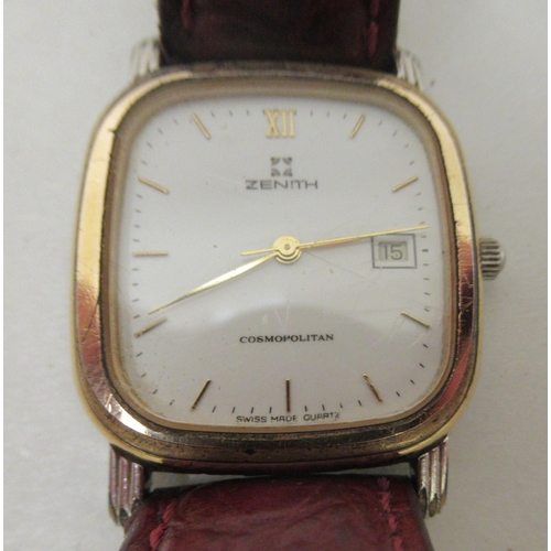 109 - A Zenith gold plated stainless steel cased composition wristwatch, faced by a baton dial with a date... 