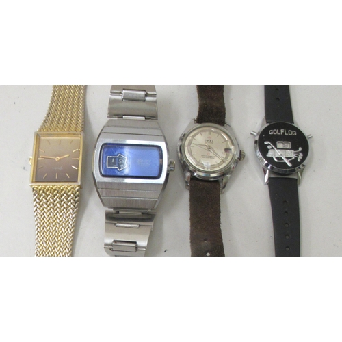 122 - Four variously cased and strapped Swiss wristwatches: to include a Zoniku Jump Hour digital example&... 