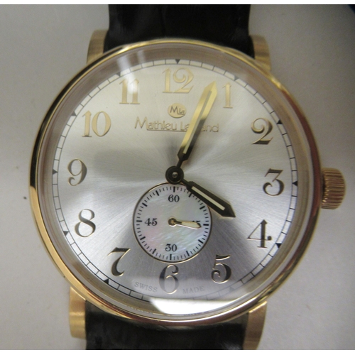 160 - A Mathieu Legrand Swiss made gold plated stainless steel cased wristwatch, faced by an Arabic dial w... 