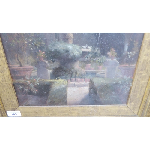 103 - Late 19thC School - a building and a water fountain  oil on canvas  24