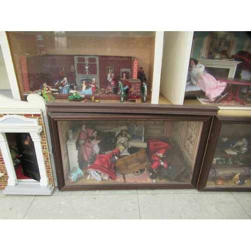 131 - Five dolls house room settings, containing figures, furniture and accessories  cased  larg... 