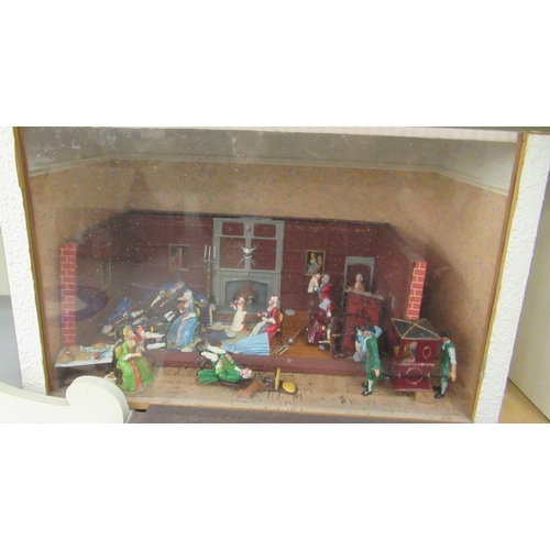 131 - Five dolls house room settings, containing figures, furniture and accessories  cased  larg... 