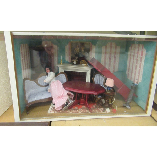 131 - Five dolls house room settings, containing figures, furniture and accessories  cased  larg... 