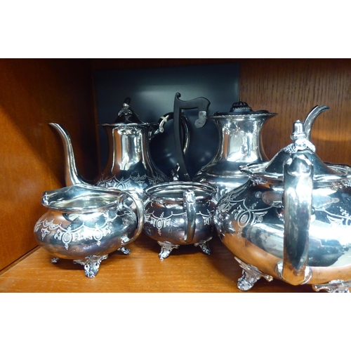 143 - Silver plate: to include a four piece tea set  comprising a teapot, coffee pot, sugar basin and... 