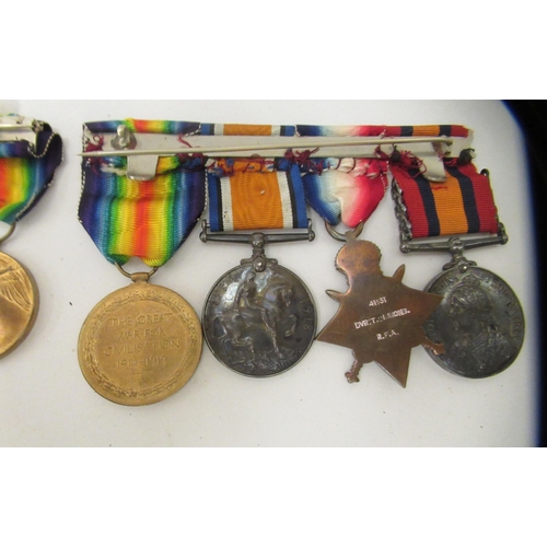 177 - A Great War medal group, comprising seven in the name of one DVR T.J Simmons, on ribbons: to include... 