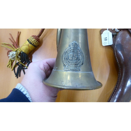 18 - A military brass bugle for the 25th City of London Cyclist Battalion, inscribed 7258 D.Gardiner; and... 