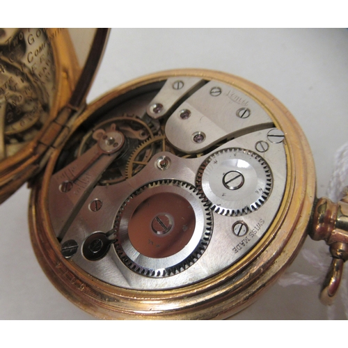 185 - A Limit gold plated cased half hunter pocket watch, faced by an Arabic dial with subsidiary seconds