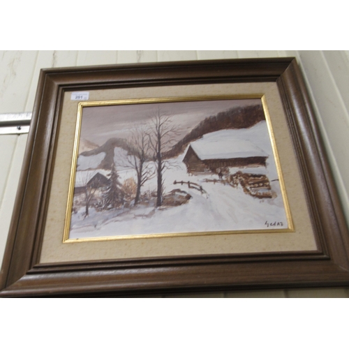 201 - Three framed pictures, viz. a winter scene  oil on board  12