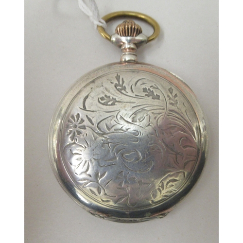 202 - A Continental silver coloured metal cased pocket watch, faced by an enamelled Arabic dial  stamped 8... 