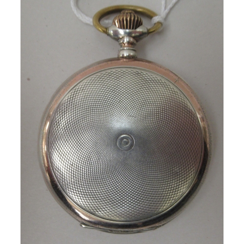 202 - A Continental silver coloured metal cased pocket watch, faced by an enamelled Arabic dial  stamped 8... 