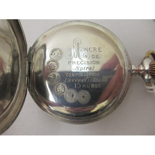 202 - A Continental silver coloured metal cased pocket watch, faced by an enamelled Arabic dial  stamped 8... 