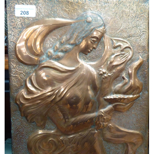 208 - An Art Nouveau style embossed copper panel, depicting a young woman, in a coastal scene  27.5