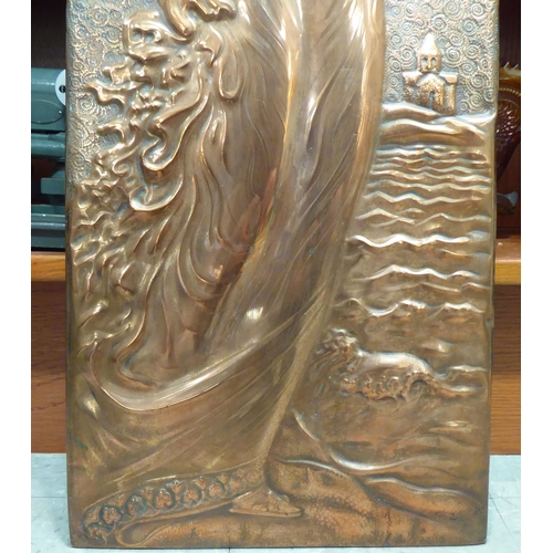 208 - An Art Nouveau style embossed copper panel, depicting a young woman, in a coastal scene  27.5