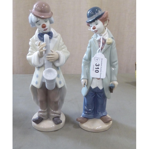 310 - Seven Lladro porcelain clown themed figures: to include one playing a saxaphone  7