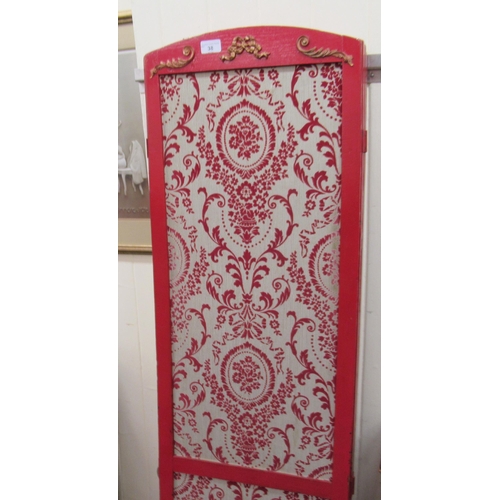 38 - An early 20thC red painted and fabric panelled, four-fold dressing room screen  each panel 68