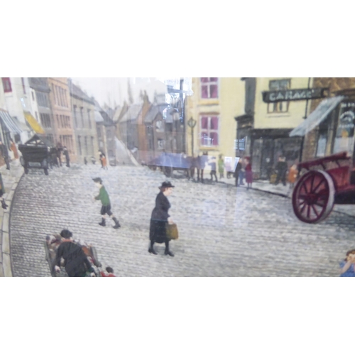 41 - After Tom Dodson - a Victorian street scene  coloured print  bears a blindstamp & penc... 