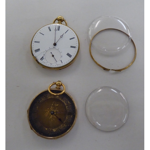 133 - The principal components of an 18ct gold cased fob watch; and a yellow metal cased pocket watch, bot... 