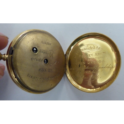 133 - The principal components of an 18ct gold cased fob watch; and a yellow metal cased pocket watch, bot... 