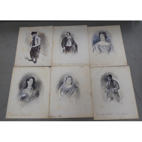 171 - Six 19thC drawings/watercolours of period opera singers  bears initials and text  10